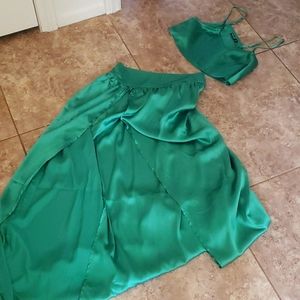 Nasty Gal Collection Green Satin Cami & Skirt